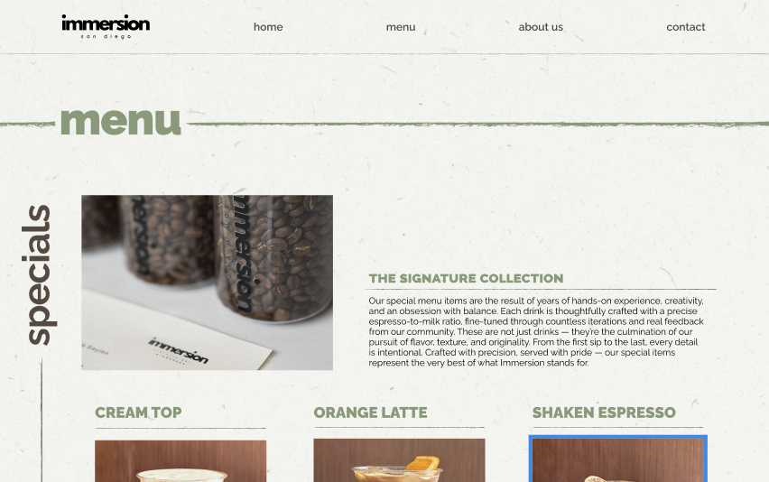 Immersion Coffee website interior design and menu section