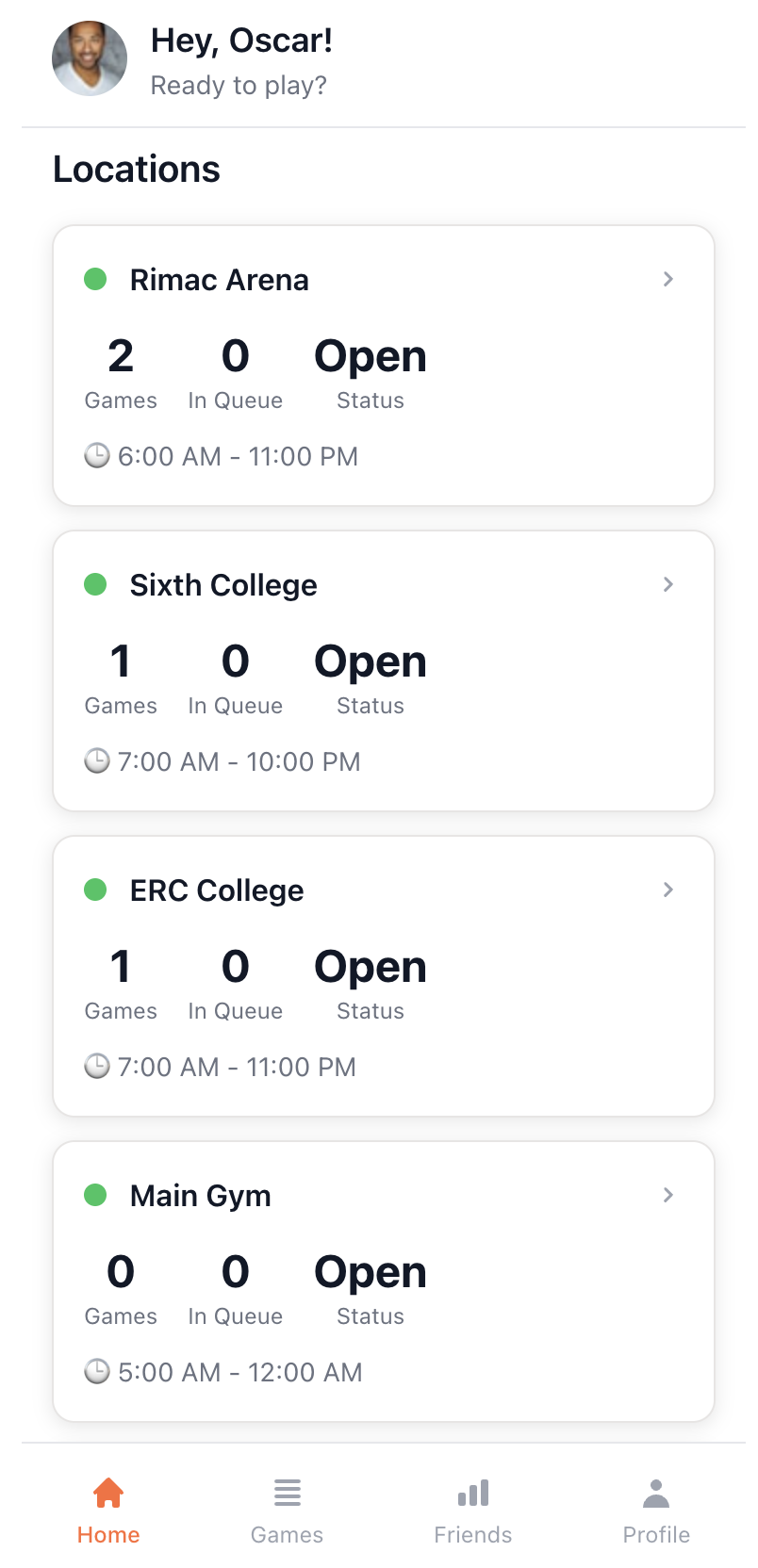 Pickup Basketball app screenshot showing virtual queue interface