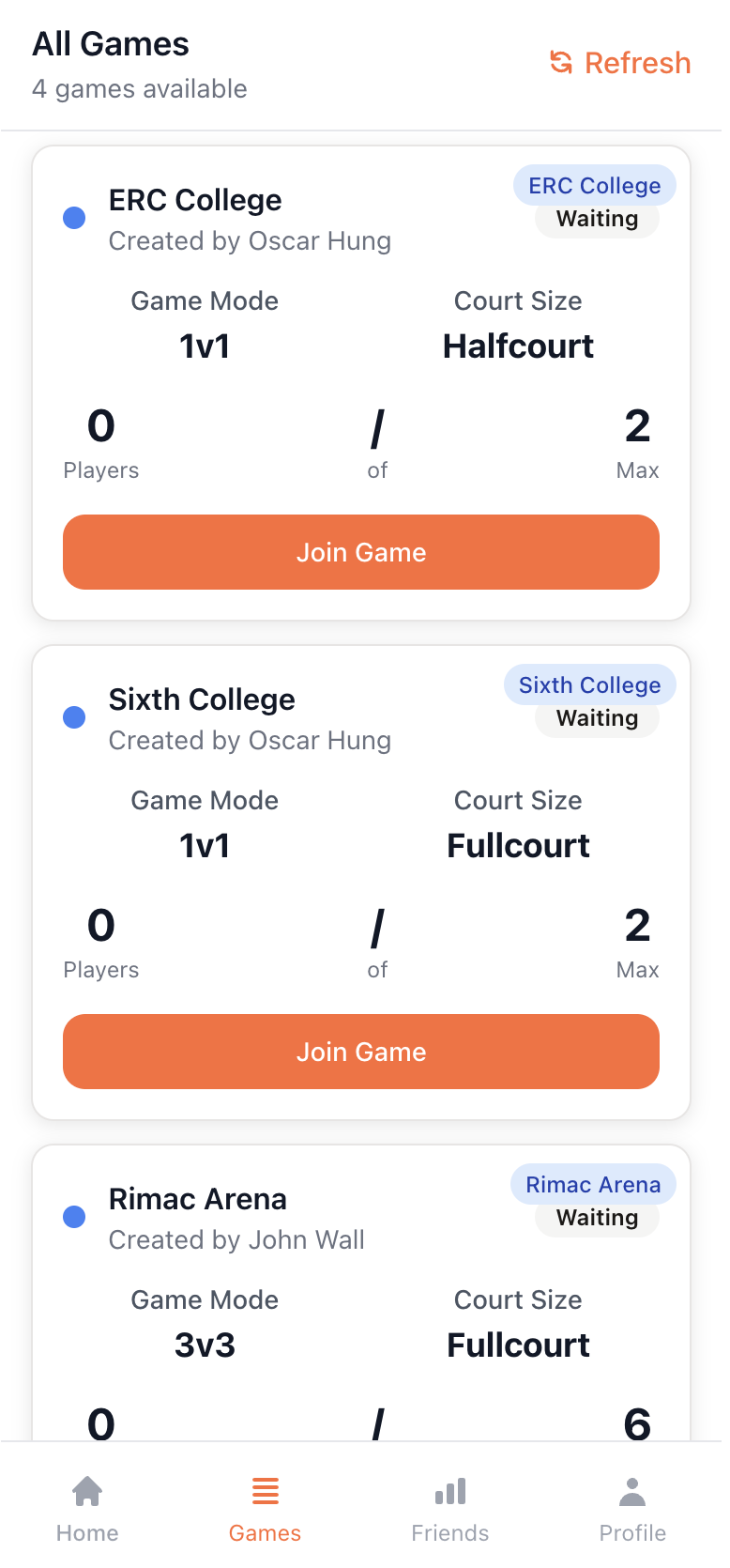 Pickup Basketball app screenshot showing live game tracking features